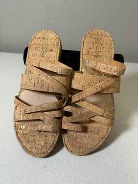 Kork-Ease Women's Cork Slide Sandals in Natural with Gold Accents